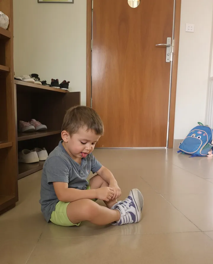 ילד קטן יושב על הרצפה ליד דלת הכניסה ונועל נעליים לבד