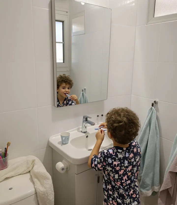 ילד בפיג׳מה מצחצח שיניים לבד מול הכיור
